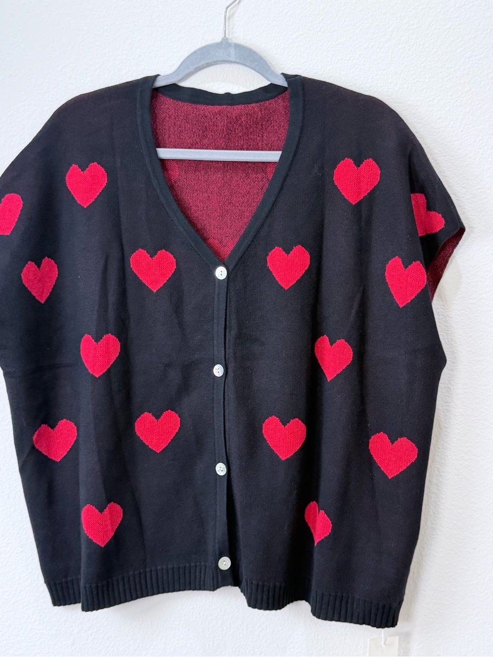 Black Cardigan with Red Heart Motif